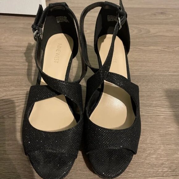 Nine West Sparkly Black Strappy Peep Toe Heels Size 5 - Picture 1 of 5